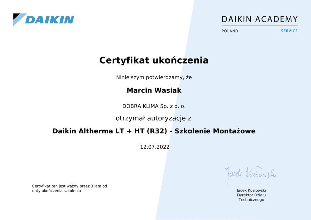 certyfikat daikin dobraklima